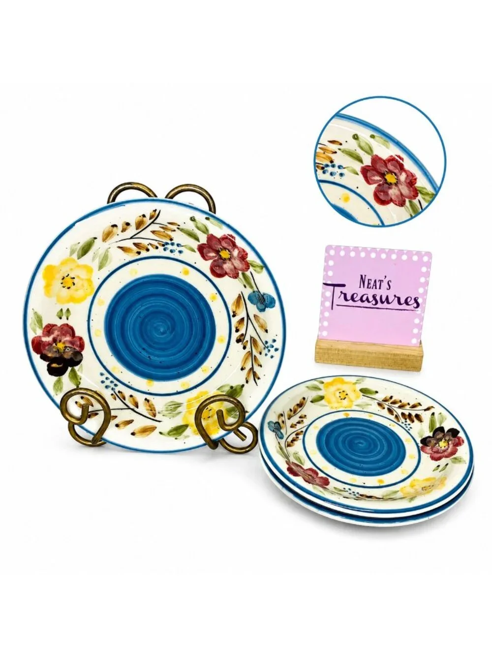 Royal Norfolk FLORAL BLUE CENTER SPECKLED Stoneware Round Salad Plates Set 3